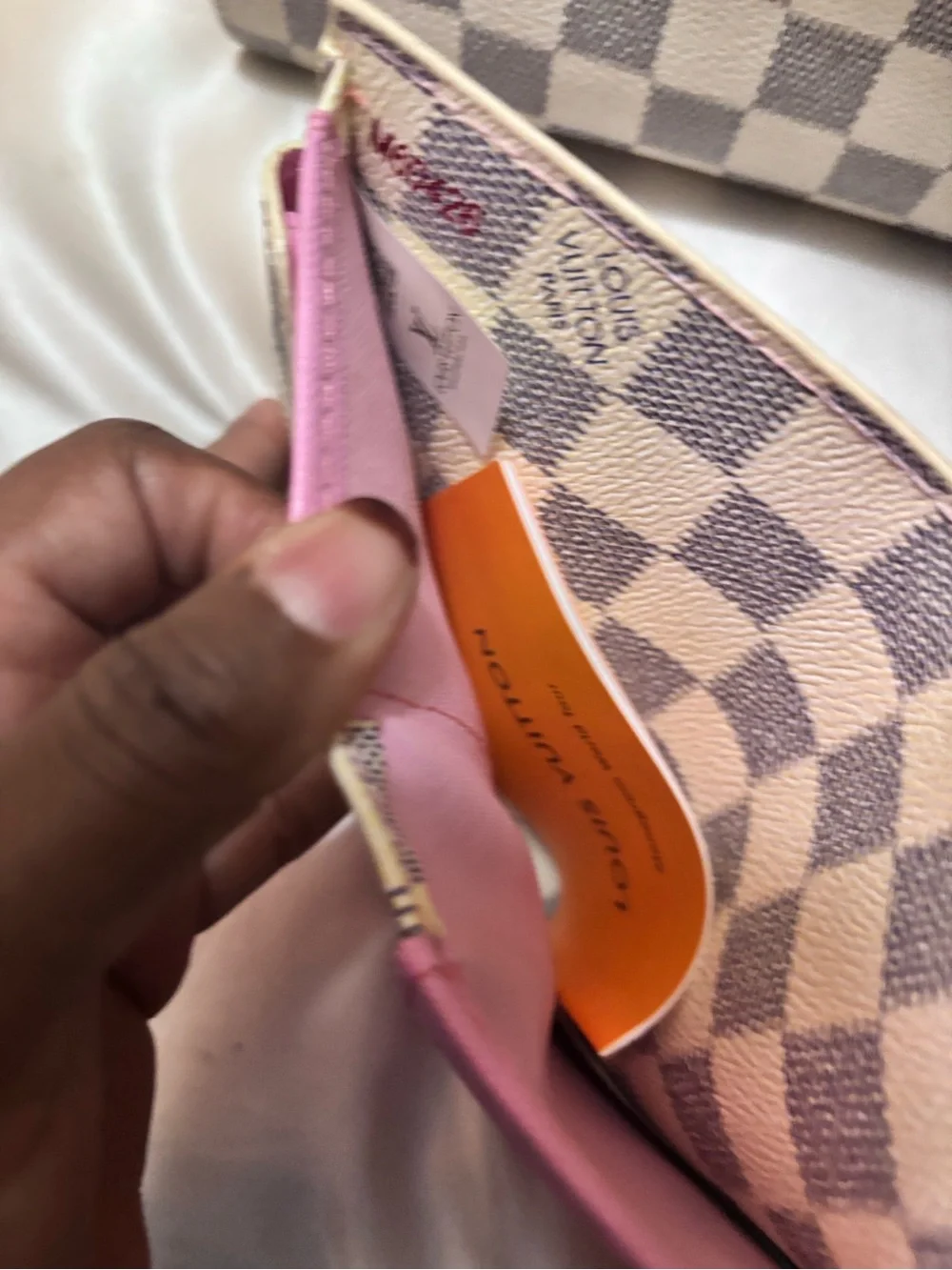 Inspired Louis Vuitton Gray Checkerboard Satchel with Pink Accent